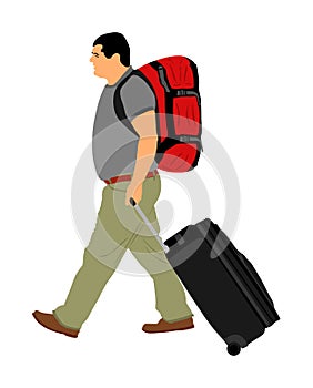 Passenger man with backpack walking to airport vector illustration. Traveler boy with luggage go home carry baggage. Tourist