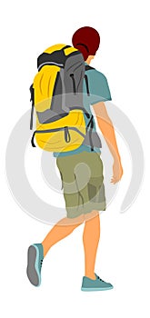 Passenger man with backpack  walking to airport vector illustration. Traveler boy with luggage go home, carry baggage. Tourist