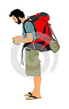 Passenger man with backpack  walking to airport vector illustration. Traveler boy with luggage go home, carry baggage. Tourist boy