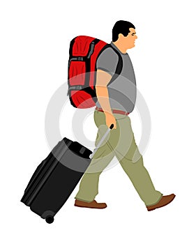 Passenger man with luggage walking to airport vector illustration. Traveler boy with bag and backpack go home, carry baggage.