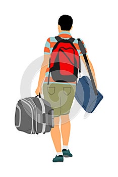 Passenger man with luggage walking to airport vector illustration. Traveler boy with bag and backpack go home, carry baggage.