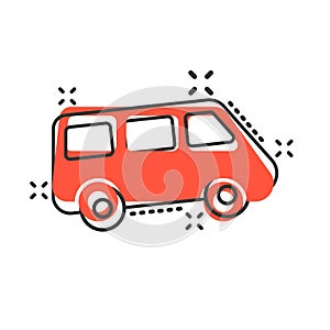 Passenger minivan sign icon in comic style. Car bus vector cartoon illustration on white isolated background. Delivery truck