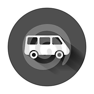 Passenger minivan sign icon in flat style. Car bus vector illustration on black round background with long shadow. Delivery truck