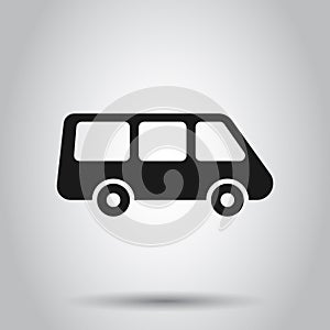 Passenger minivan sign icon in flat style. Car bus vector illustration on isolated background. Delivery truck banner business