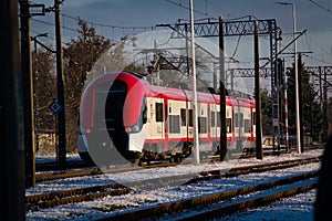 Passenger modern train moving, close up.