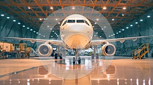 a Passenger plane aircraft on maintenance of engine and fuselage repair in airport hangar