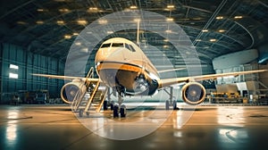 a Passenger plane aircraft on maintenance of engine and fuselage repair in airport hangar