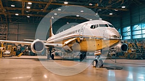 a Passenger plane aircraft on maintenance of engine and fuselage repair in airport hangar