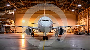 a Passenger plane aircraft on maintenance of engine and fuselage repair in airport hangar