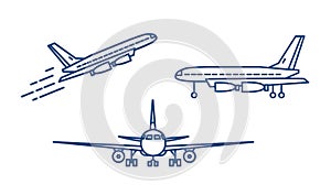 Passenger plane or civil aircraft taking off or ascending and standing on ground drawn with contour lines on white