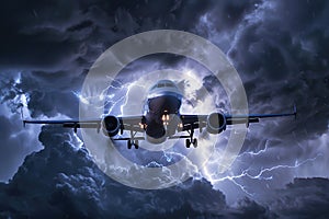 passenger plane flies through a dark gloomy stormy sky with lightning