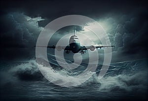 Passenger plane flies in a storm over the ocean. Generate Ai.