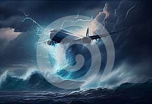 Passenger plane flies in a storm over the ocean. Generate Ai.