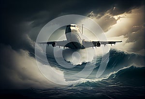 Passenger plane flies in a storm over the ocean. Generate Ai.