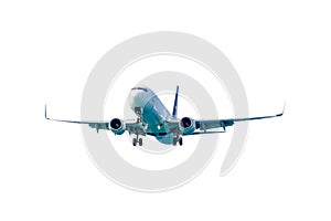 Passenger plane in flight. Aircraft fly high in the isolate white background. Front view of airplane.