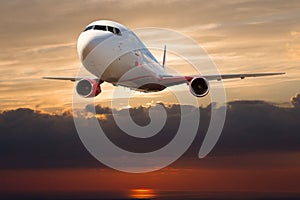 Passenger plane in flight. Front view of aircraft. Sunset time