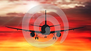 Passenger plane is flying, against the background of sunset. Airplane silhouette vector..