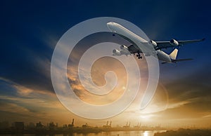 Passenger plane flying on beautiful dusky sky