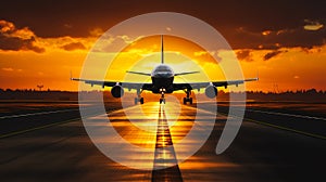 A passenger plane flying in the colorful sky. Aircraft takes off from the airport runway during the sunset.