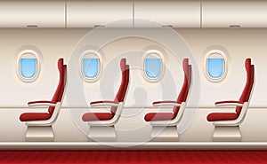 Passenger plane interior. Aircraft cabin with white closeup windows portholes plane inside comfort chairs vector
