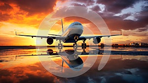 A passenger plane lands against the backdrop of sunset at the airport. Travel and tourism