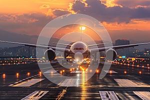 passenger plane, plane lands on the airport runway in beautiful sunset light
