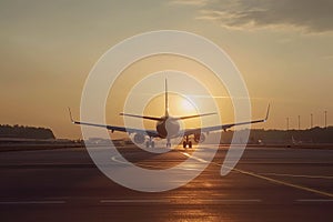 passenger plane, plane lands on the airport runway in beautiful sunset light