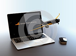 Passenger plane taking off from laptop computer