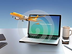 Passenger plane taking off from laptop computer