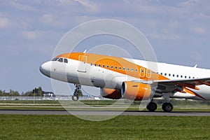 Passenger plane taking off from the runway, Schiphol, Amsterdam, The Netherlands