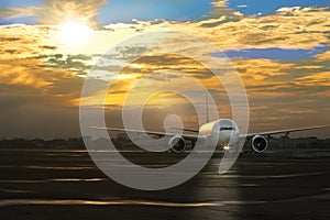 Passenger plane taxiing to the parking lot after landing at the airport in Manila Philippines, May 2013 in the early morning