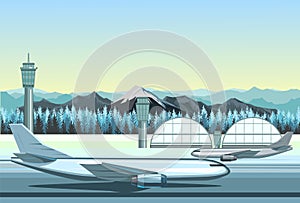 Passenger planes at the airport. Outside view. Runway. Towers and hangars. In the background image. Illustration vector