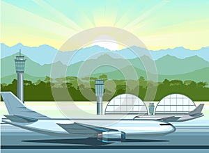 Passenger planes at the airport. Summer landscape. Outside view. Runway. Towers and hangars. Against the backdrop of the