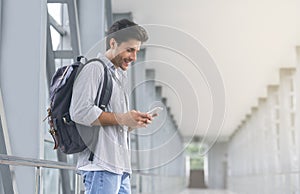 Passenger preparing for flight, going to departure at airport