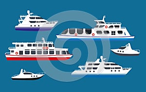 Passenger sea cruise liner ships, yachts marine transport boats vector flat icons