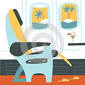 The passenger seat in airplane business class. Cocktail on the site of the chair. Tropical vacation. Summer travelling concept.