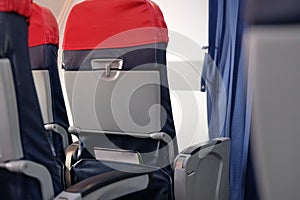Passenger seat inside airplane. chair in aircraft