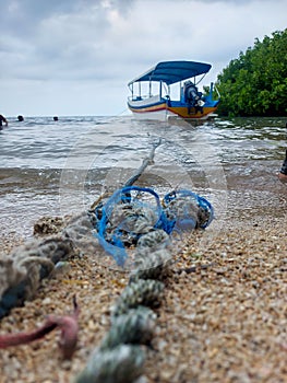 a passenger ship that is leaning with a blue rope tied against a background of blue sky and green mangroves