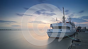 The passenger ship at the mooring in Bremerhaven on the river Weser