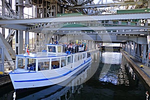 A passenger ship passes the ship lift in Niederfinow, Germany