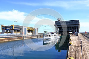 A passenger ship passes the ship lift in Niederfinow, Germany