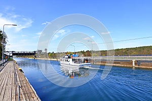 A passenger ship passes the ship lift in Niederfinow, Germany