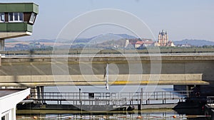 Passenger ship in water chamber Lock on River Danube in Melk, Austria