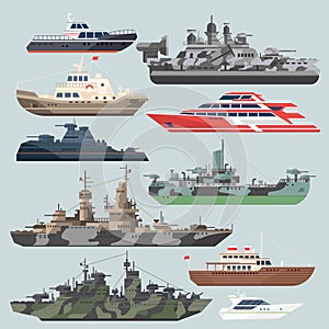 Passenger ships and battleships. Submarine destroyer in the sea. Water boats vector illustrations in flat style