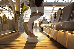 passenger stretching legs, walking in lounge area