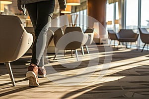 passenger stretching legs, walking in lounge area