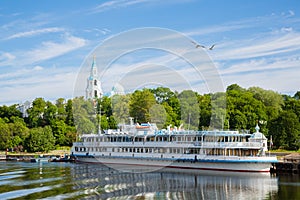 Passenger tourist ship standing at the pier on island of Valaam