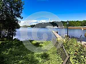 Passenger tourist ship standing at the pier on the island of Valaam