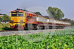 Passenger train by diesel locomotive on the railway