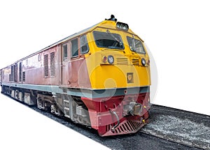 Passenger train hauled by diesel electric locomotive isolated on white background - perspective view.